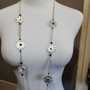 Silver Tone Flower Lariat Necklace Black Beads Long‎ Chain Fashion Jewelry